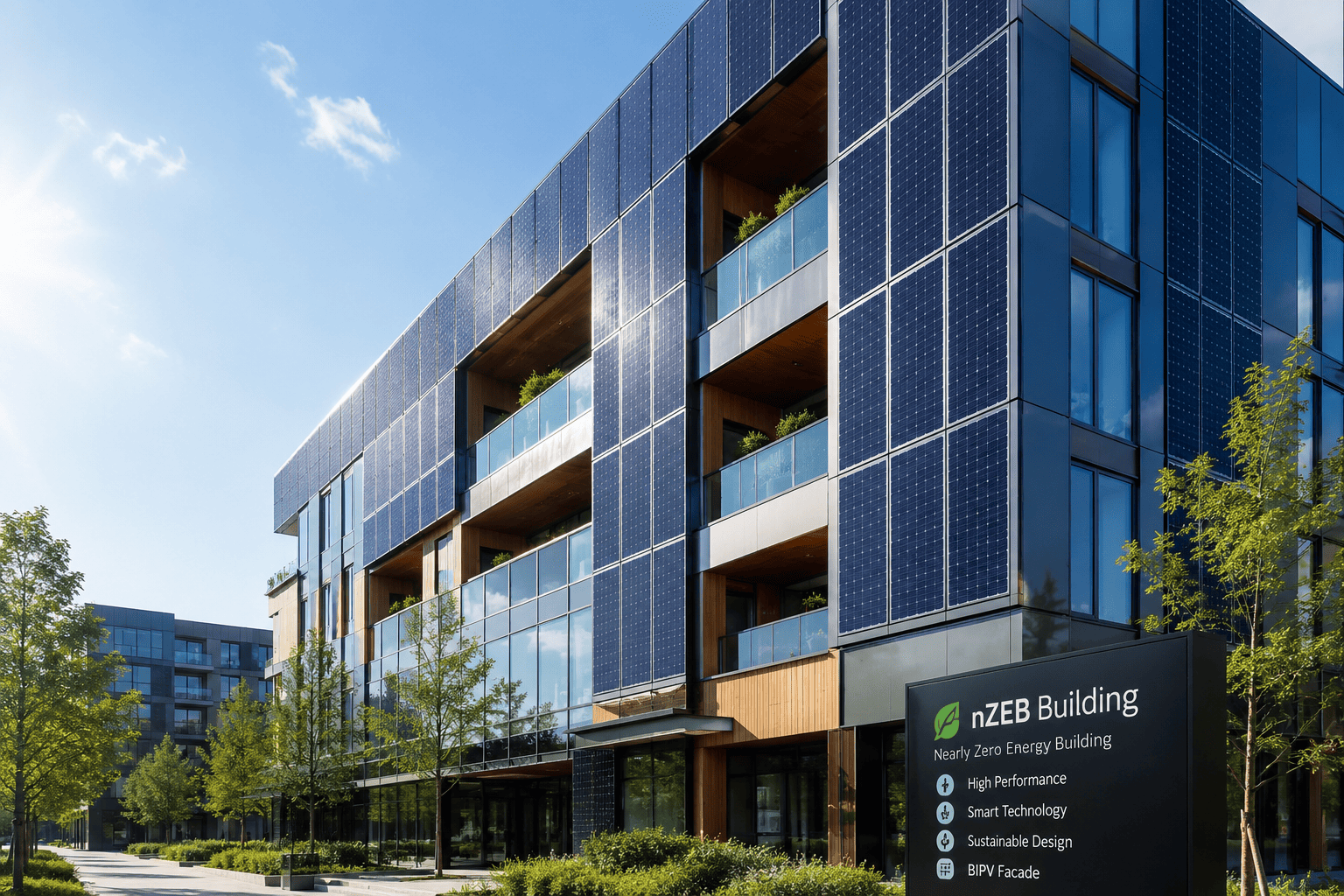 Edificio sostenible con fachada de paneles solares integrados