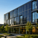 Edificio moderno con fachada de paneles solares integrados