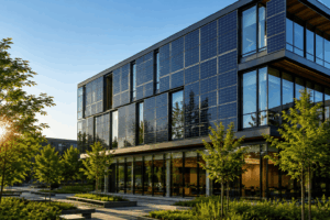 Edificio moderno con fachada de paneles solares integrados