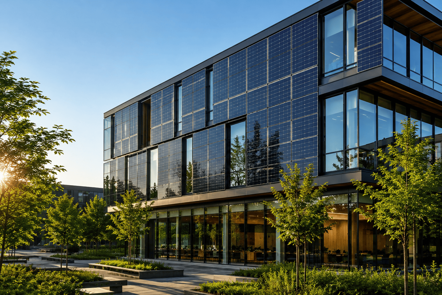 Edificio moderno con fachada de paneles solares integrados