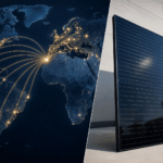 Mapa mundial conectado con paneles solares y energía renovable