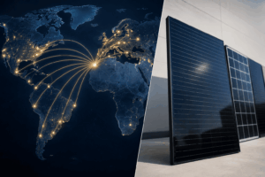 Mapa mundial conectado con paneles solares y energía renovable